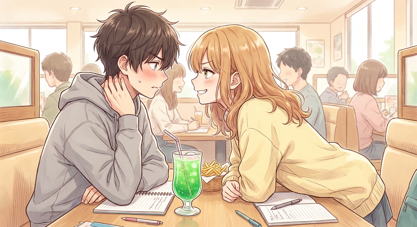 ファミレスで結衣が悠真のメロンソーダを飲んだ後、からかうように顔を近づけてくるシーン。ストローにはリップ跡が残っている。