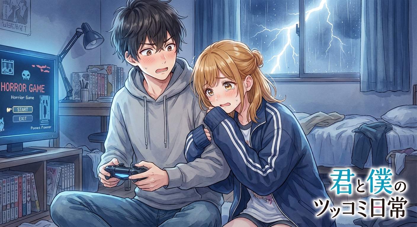 雷雨の夜、悠真の自室でホラーゲームをプレイ中、大きすぎるジャージを着た結衣が怯えて悠真の腕に強くしがみつくシーン。