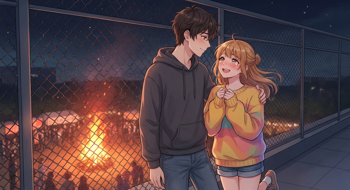 文化祭の後夜祭、屋上でキャンプファイヤーの炎に照らされながら、告白を受けた結衣が涙ぐんだ笑顔で悠真を至近距離で見つめ返すシーン。