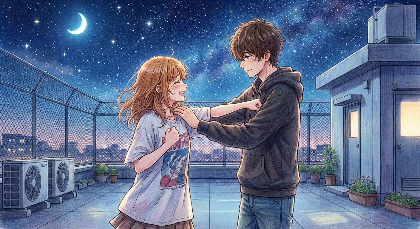 文化祭の夜、星空の下の屋上で、涙ぐみながら悠真の胸をポカポカと叩く夏海と、それを受け止める悠真の感動的な告白シーン