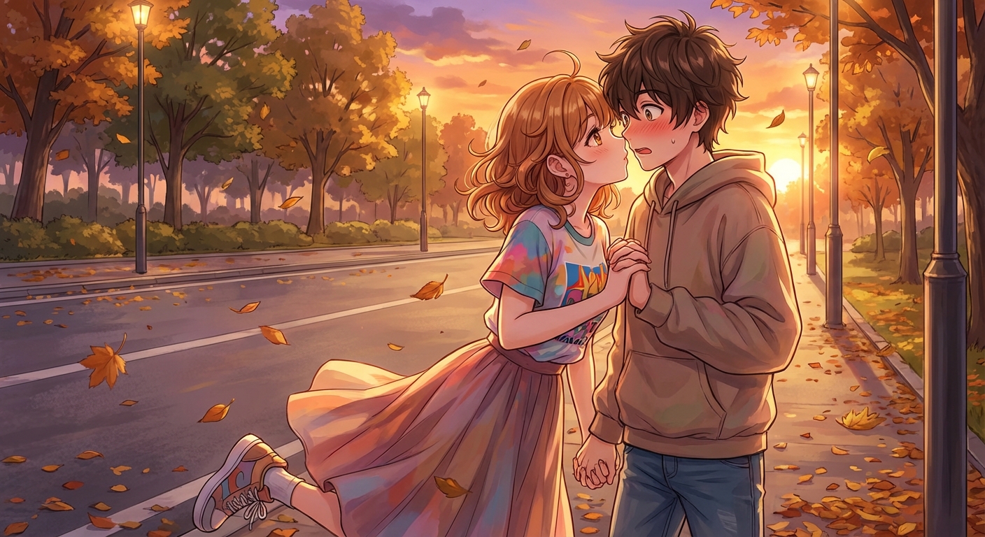 夕暮れの公園の横で、手を繋いだまま背伸びして悠真に突然キスをする夏海と、驚いて固まる悠真の甘いシーン