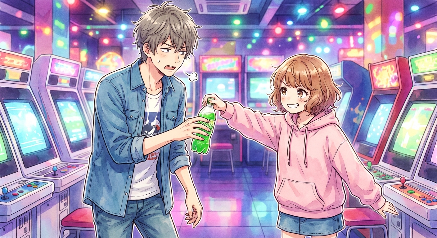 夏海が無防備な表情で自分が一口飲んだメロンソーダを悠真に差し出し、悠真が呆れつつも受け取ろうとするシーン