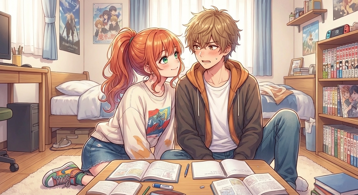 拓海の部屋での勉強会中、結愛が「赤点回避できたらクレープ奢って」と至近距離で上目遣いにおねだりし、拓海がドキッとするシーン