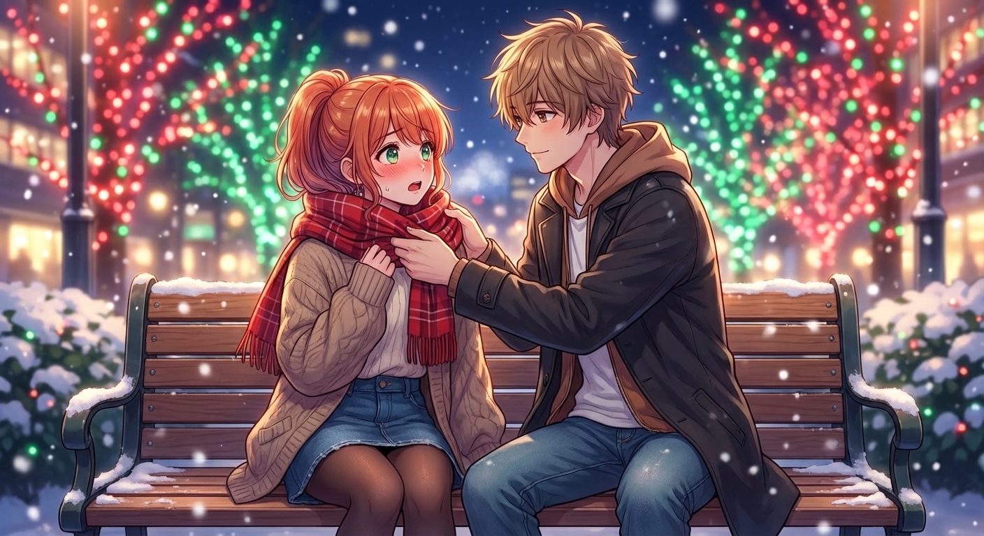 クリスマスイブの夜、イルミネーションが輝く公園のベンチで、拓海が結愛の首に自分の赤いチェックのマフラーを巻いてあげるエモーショナルなシーン