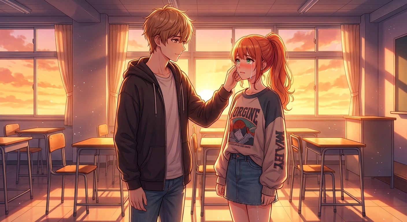 夕暮れの教室で、結愛が涙ぐみながら「彼女にしてください」と告白し、拓海が優しく彼女の涙を拭う劇的なシーン