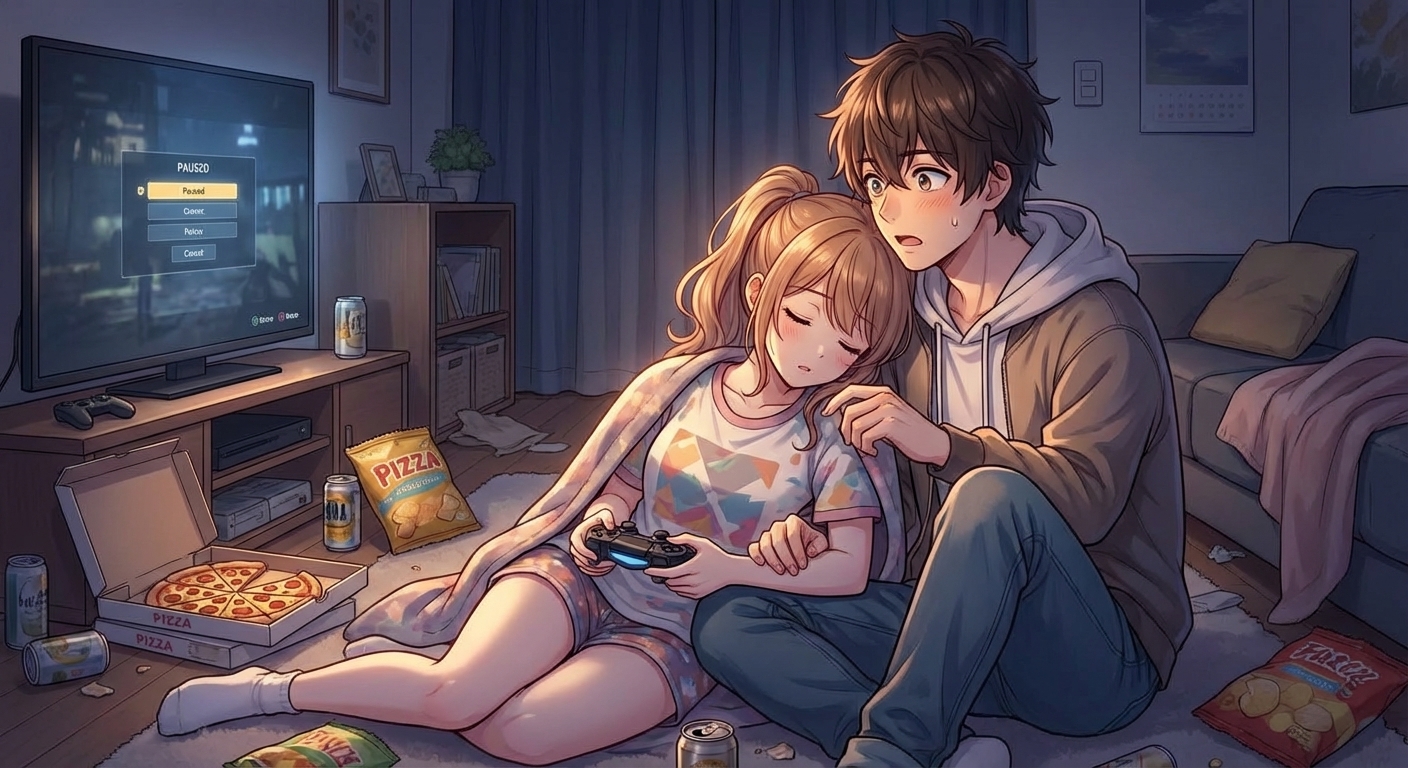 相葉の部屋で夜遅くまでゲームをした後、星野が相葉の肩に寄りかかって無防備に寝落ちするシーン