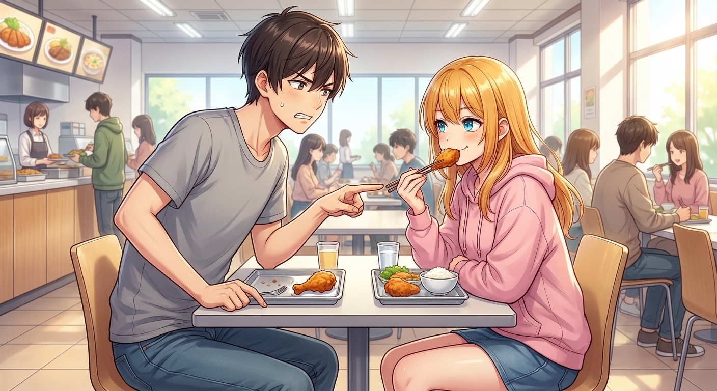 大学の学食で、凛が悠太の唐揚げを奪ってドヤ顔で食べ、悠太が抗議するコミカルで日常的なシーン