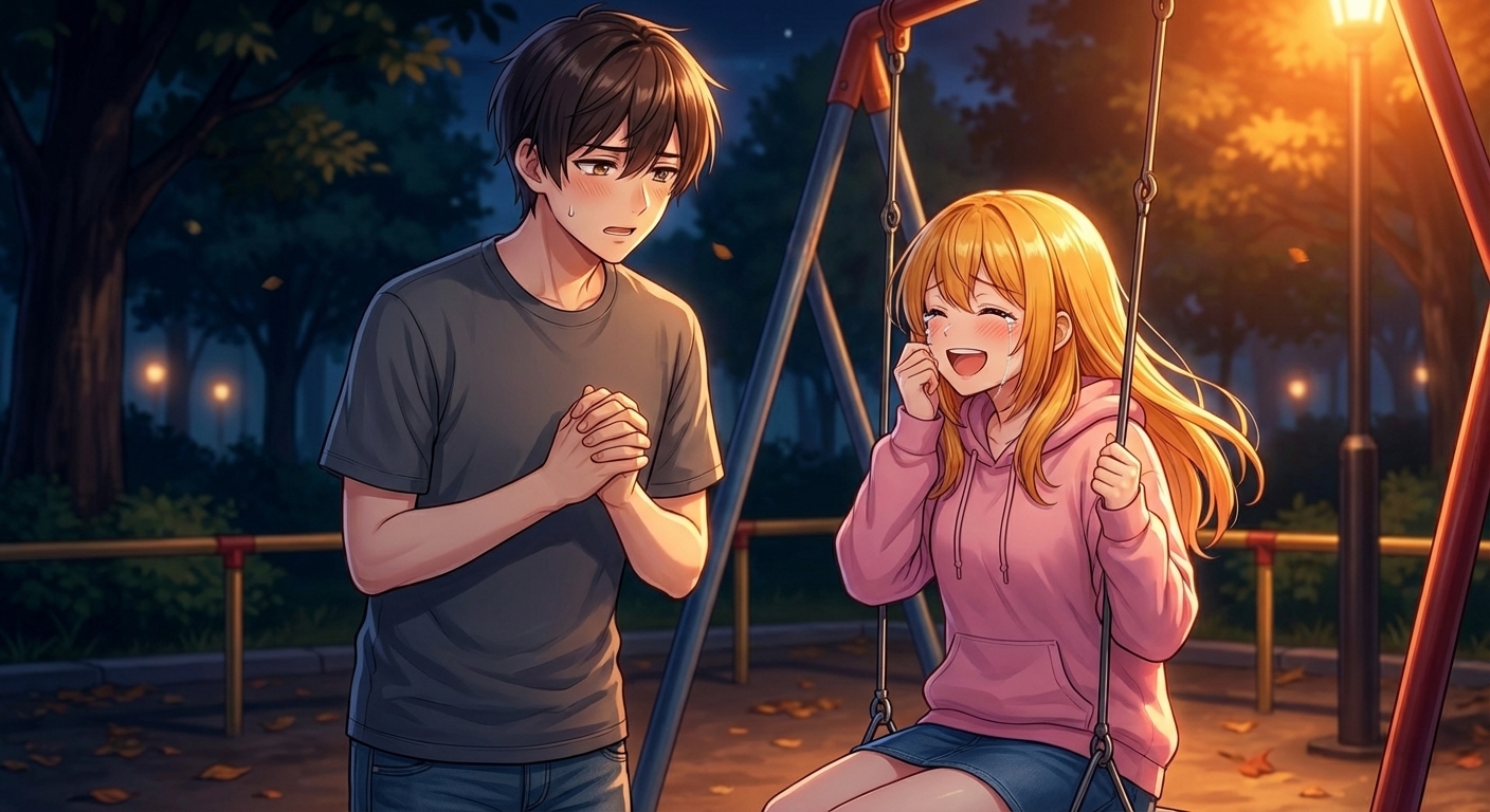 夜の公園のブランコで、悠太が意を決して告白し、凛が涙を浮かべながらも吹き出して笑うエモーショナルなシーン