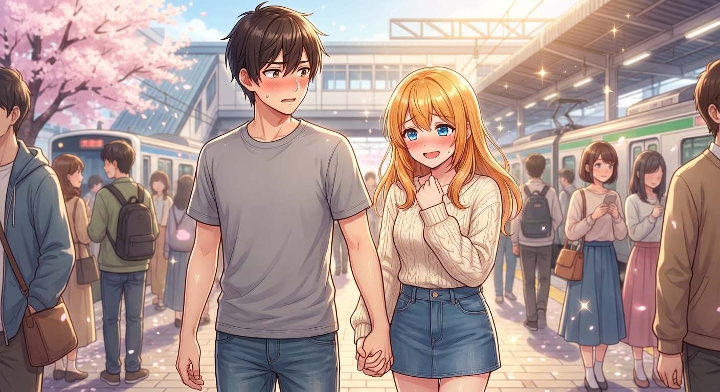 初デートの待ち合わせ場所で、お互いに顔を真っ赤にして照れながら初めて手を繋ぐ甘酸っぱいシーン