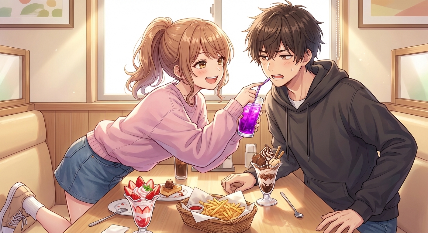 ファミレスで夏海が不気味な色の特製ドリンクを大和に無理やり飲ませようと身を乗り出すシーン