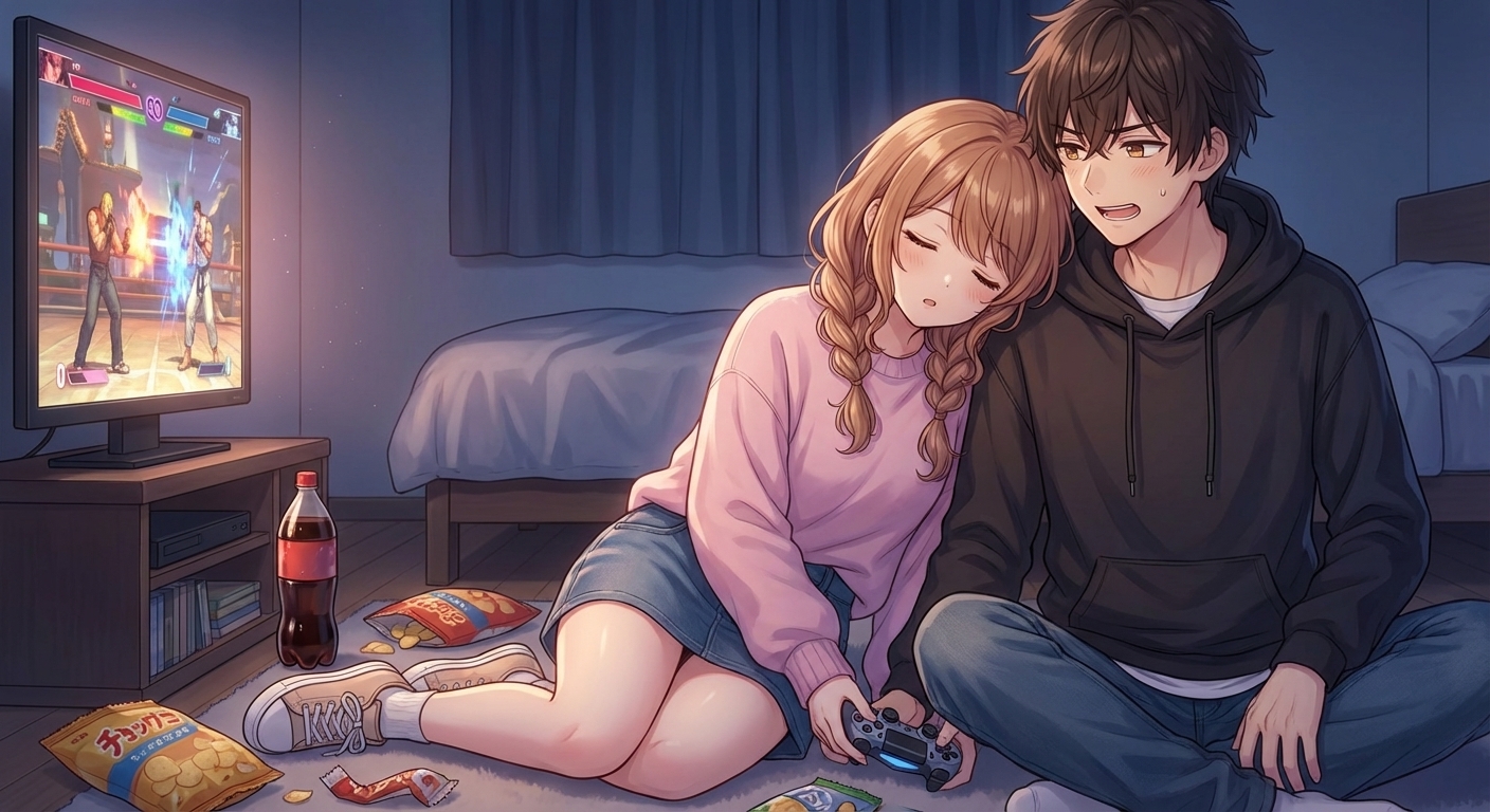 徹夜ゲームの末、夏海が大和の肩に頭を預けて無防備に寝落ちしてしまい、大和が戸惑いつつ見つめるシーン