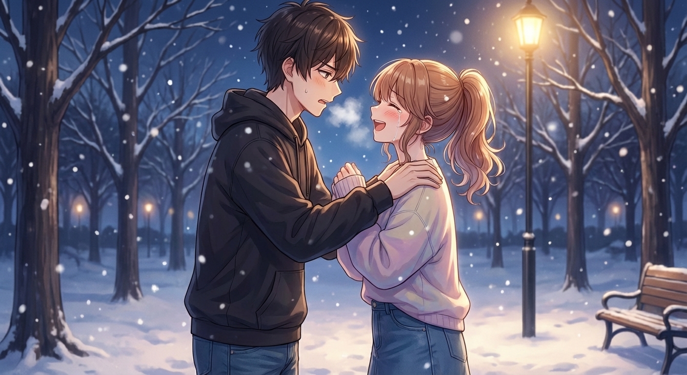 冬の夜の公園で大和が夏海に真剣に告白し、夏海が照れ隠しで涙ぐみながら笑い飛ばすシーン