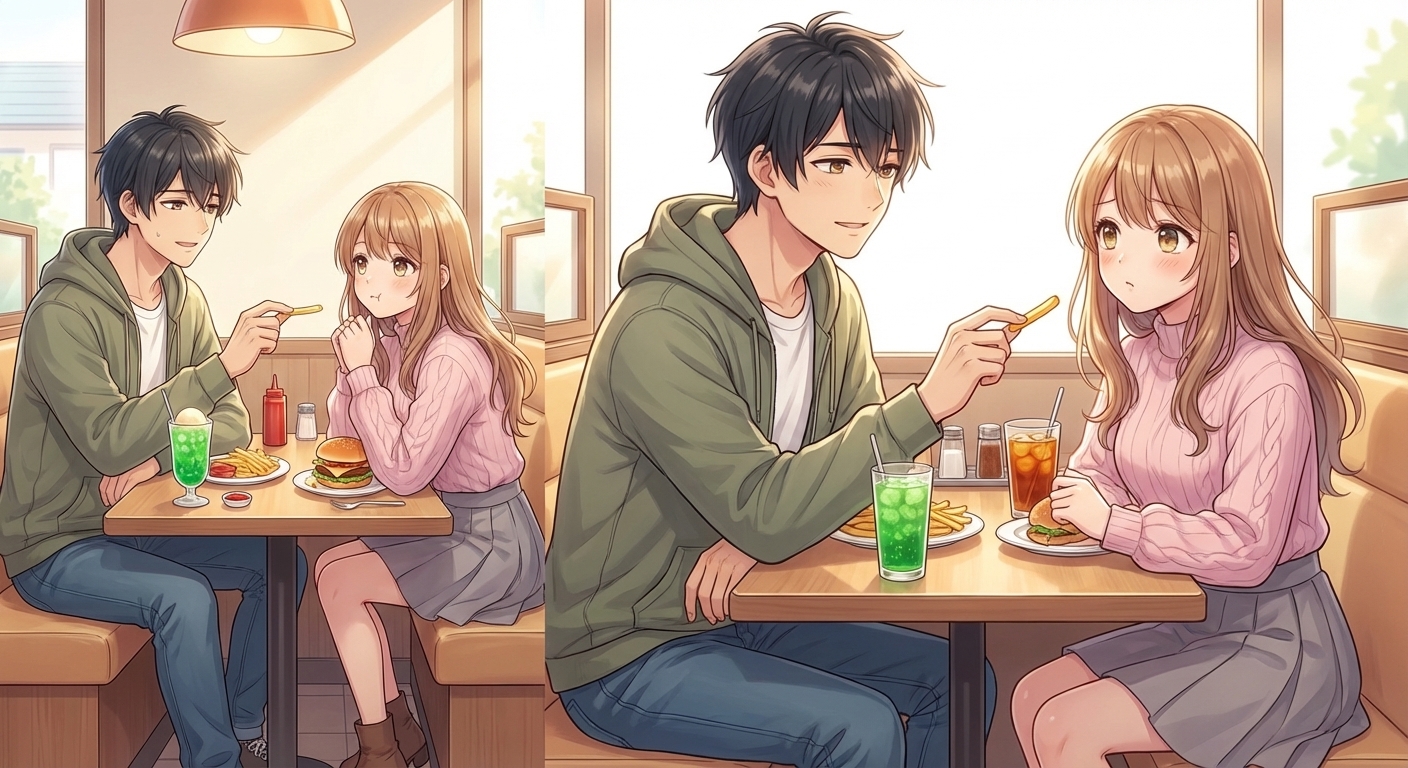 ファミレスの席で、結衣がポテトを巡って主人公に抗議し、主人公が呆れつつも微笑ましくツッコミを入れるコミカルなシーン。