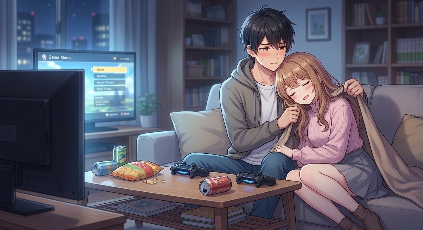 深夜の部屋でゲームをした後、結衣が主人公の肩によりかかって寝落ちし、主人公が少し照れながらも優しく見守るシーン。