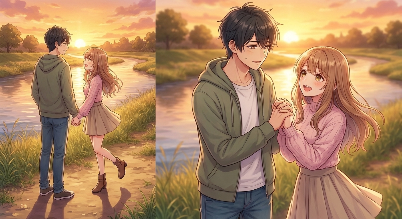 夕暮れの土手で、親友から恋人になった二人がしっかりと手を繋ぎ、お互いに最高の笑顔を向け合いながら歩くシーン。