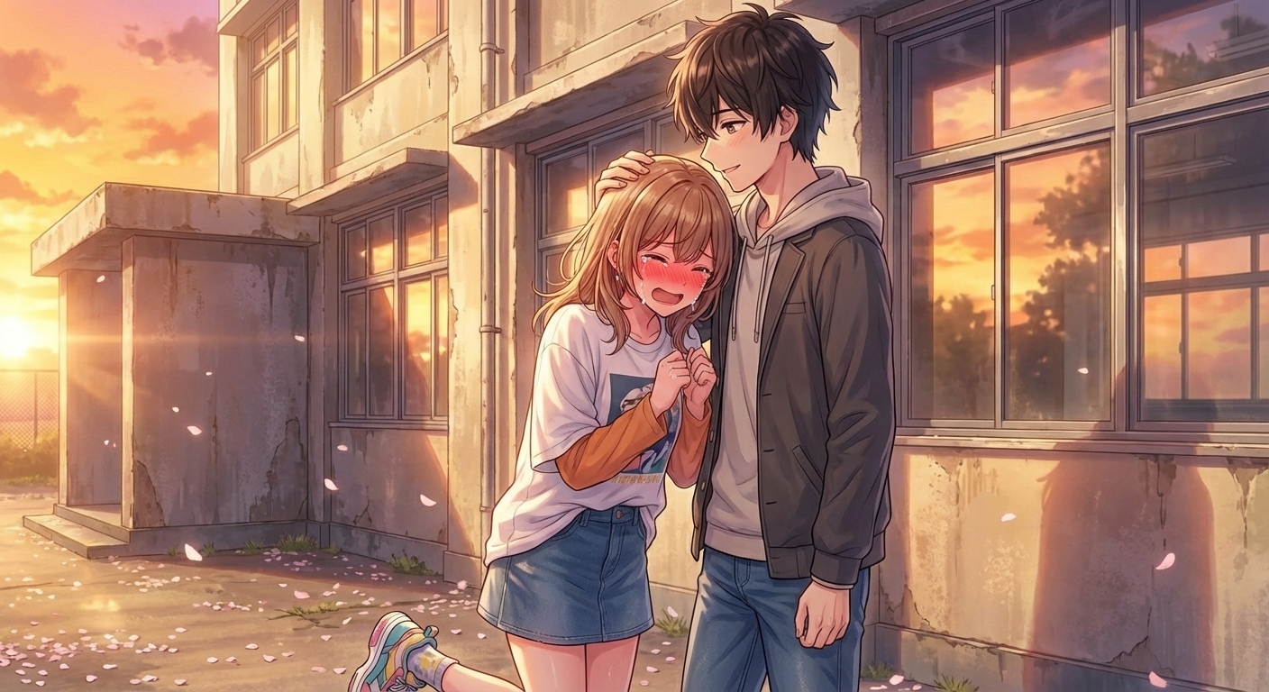 夕暮れの旧校舎裏で、泣き顔の夏海が顔を真っ赤にして主人公の胸に額を押し付け、彼が優しく頭を撫でる告白シーン