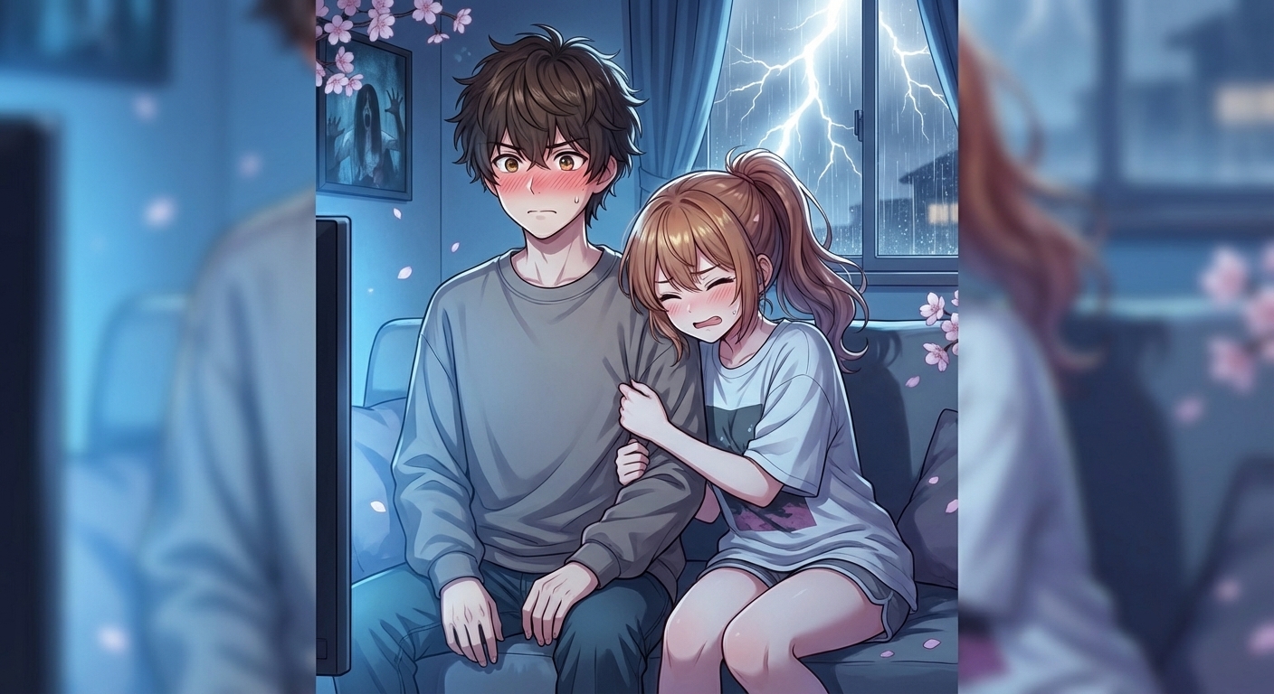 嵐の夜、ホラー映画と雷の音に怯えた凛が悠真の腕にギュッと抱きつき、悠真が赤面して硬直するシーン
