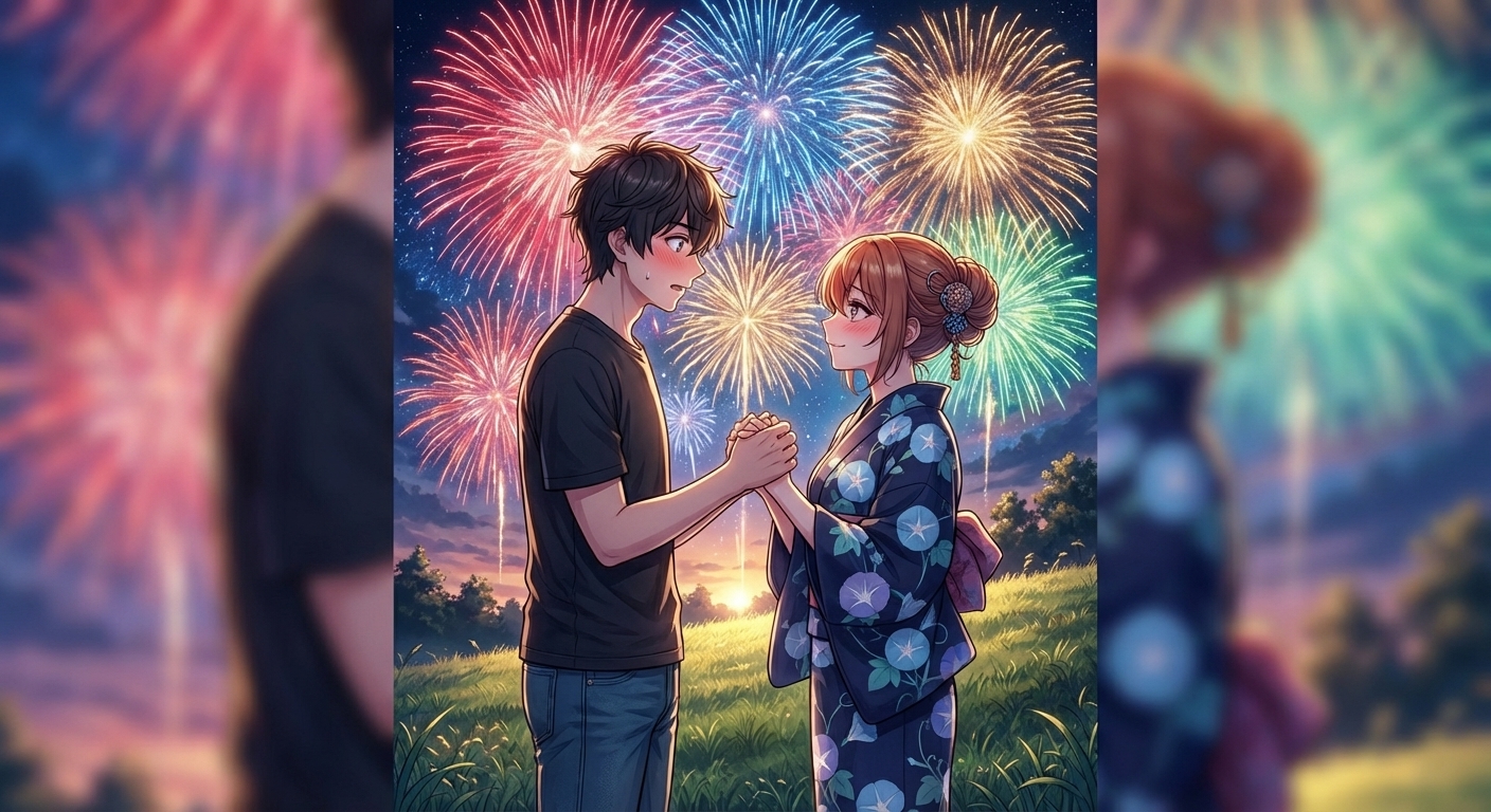 夏祭りの夜、打ち上げ花火の光に照らされる中、二人が手を繋ぎ互いを意識し合うシーン
