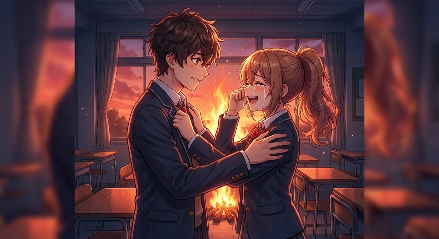 文化祭の後夜祭、夕闇の教室でキャンプファイヤーの光に照らされながら、涙を流して笑い合う告白シーン