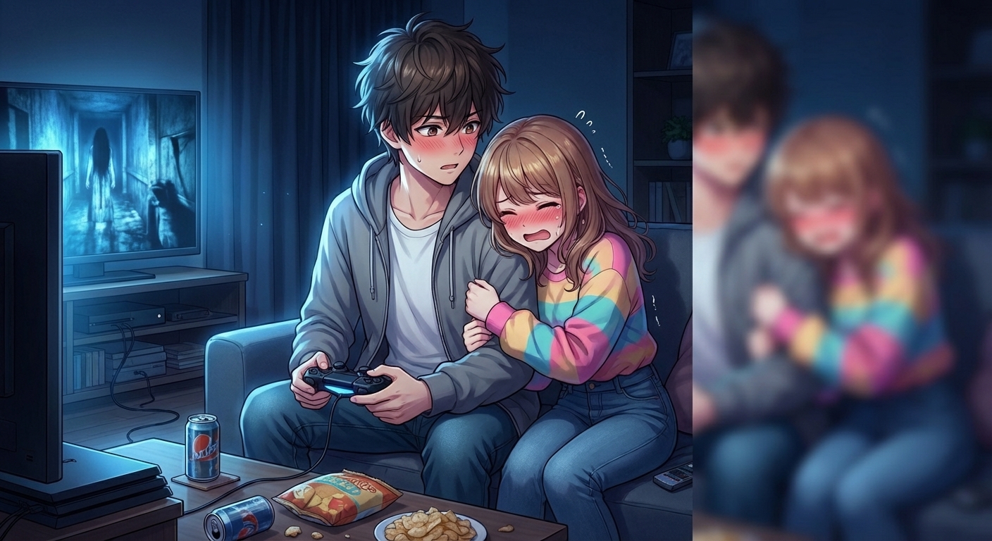 ホラーゲームに驚いた結愛が拓斗の腕に強く抱きつくシーン