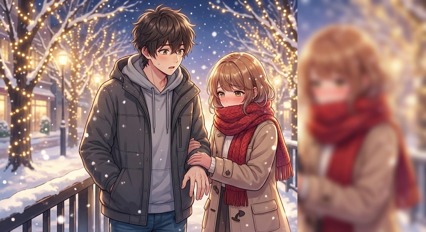 冬のイルミネーションの並木道で、結愛が照れながら拓斗の手に自分の手を重ねるシーン