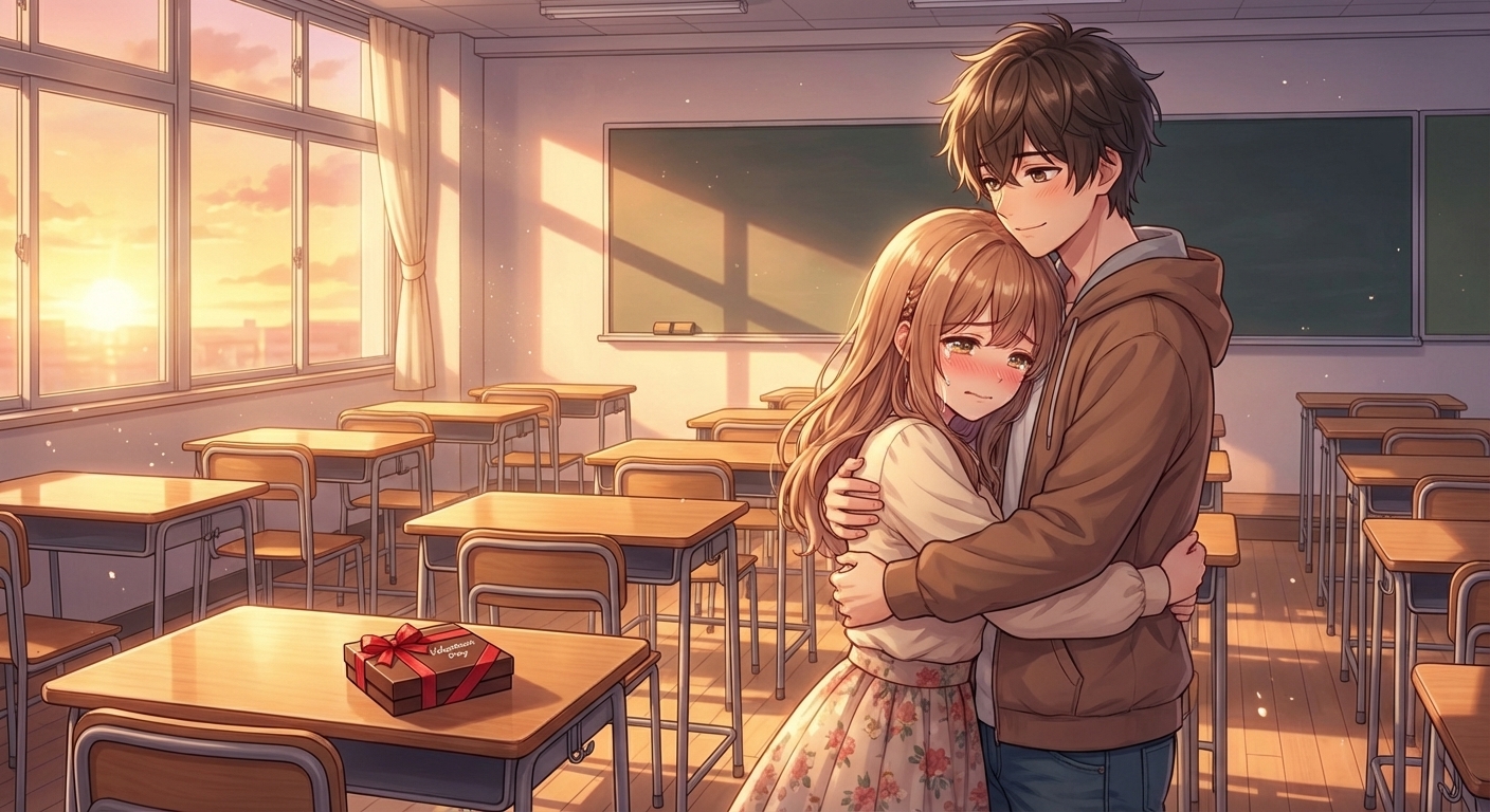 夕暮れの教室で、結愛が涙ぐみながら拓斗の胸に飛び込み、拓斗が彼女を優しく抱きしめるシーン