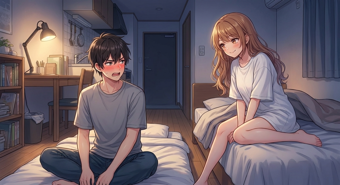 泊まりに来た結衣がお風呂上がりに陸の大きめのTシャツを着てベッドの上にいる無防備なシーン