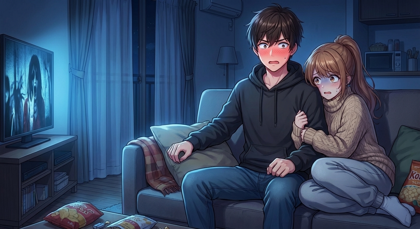 ホラー映画を見て幽霊に驚いた結衣が陸の腕に泣きつき、陸が至近距離でドキドキしているシーン