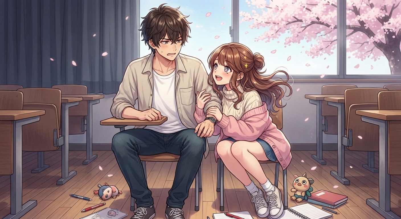 大講義室で文房具を落とした結愛が、ペンを拾ってくれた悠太の手を両手で握りしめて目を輝かせる出会いのシーン