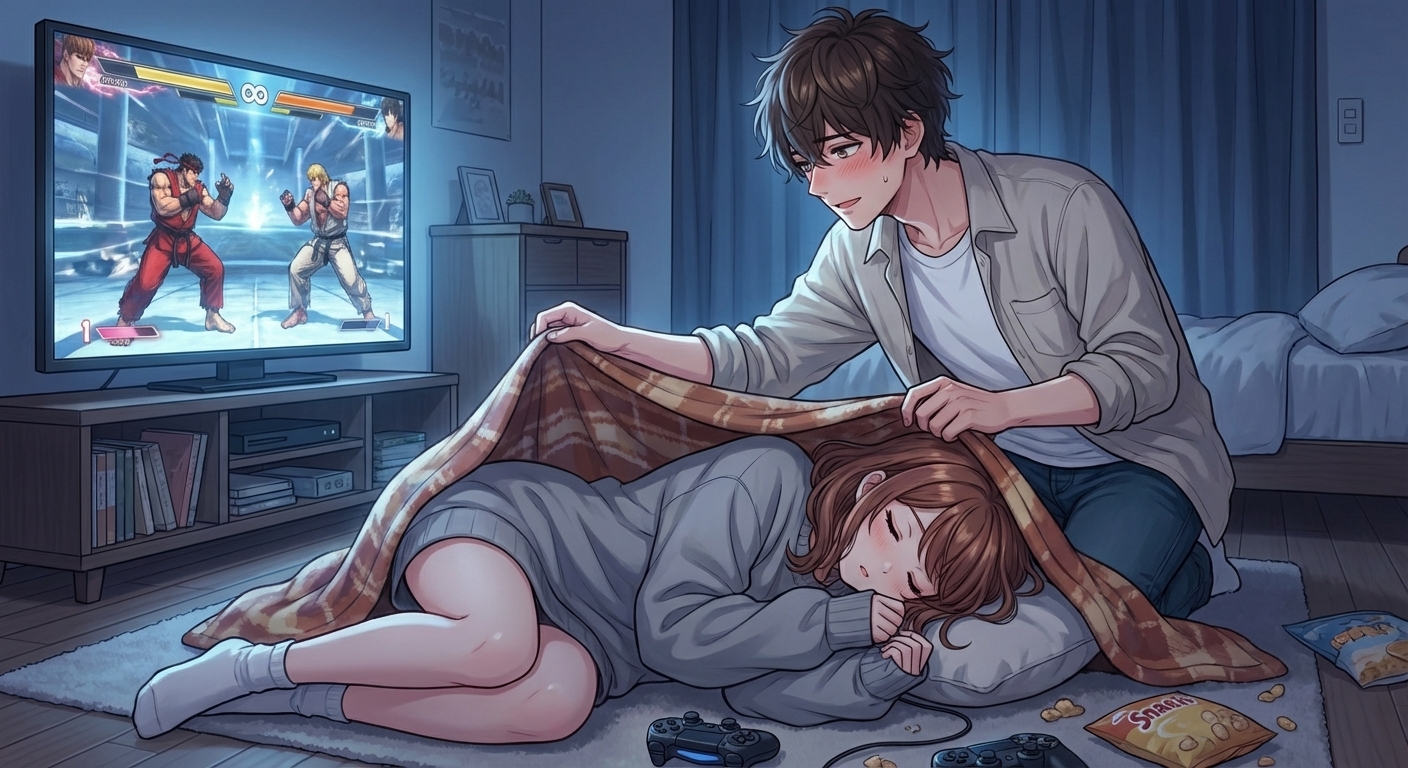 深夜の部屋で、悠太の大きすぎるスウェットを着た結愛がコントローラーを握ったまま寝落ちし、悠太がそっと毛布を掛けるシーン