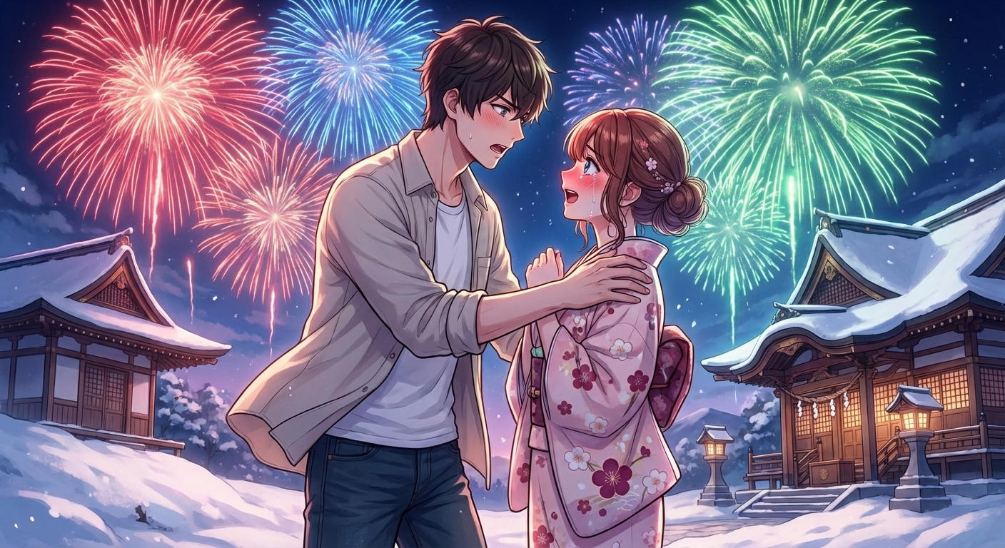 冬の夜空に花火が打ち上がる中、神社の裏手で悠太が着物姿の結愛の肩を掴み、真剣な表情で告白するシーン