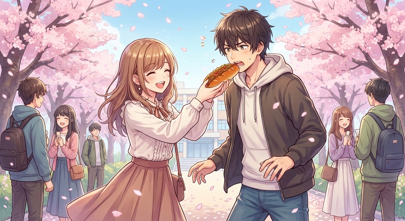 桜舞うキャンパスで、結衣が屈託のない笑顔で焼きそばパンを悠真の口元に突き出すシーン