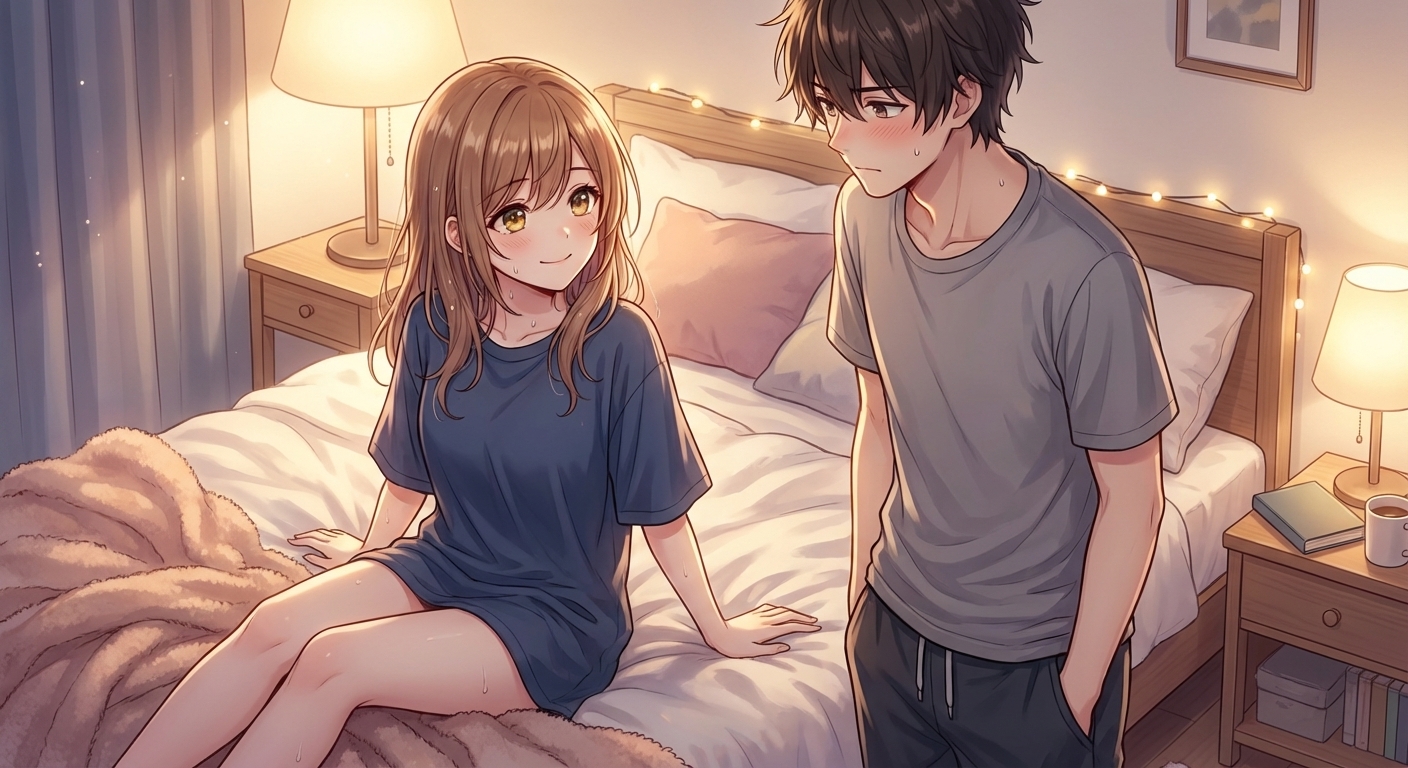 大雨の夜、悠真の大きめのTシャツを着た結衣が、濡れた髪でベッドにダイブし無防備な笑顔を向けるシーン