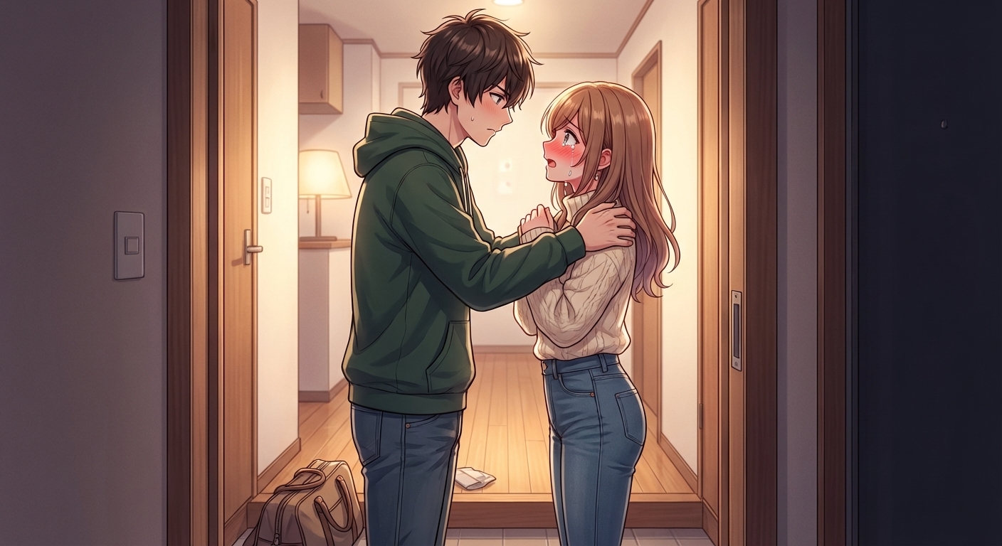 玄関で悠真が結衣の両肩を掴んで告白し、結衣が顔を真っ赤にして涙目で驚いているシーン