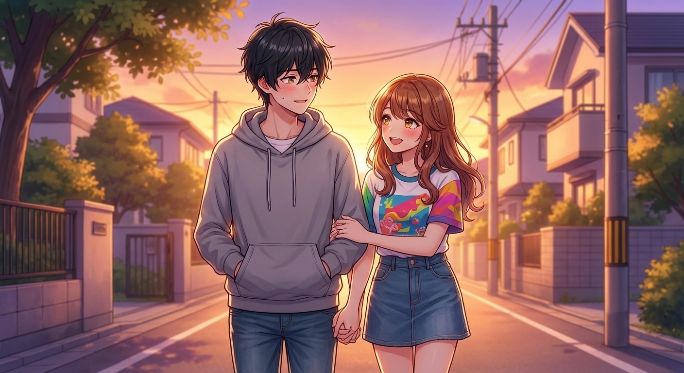 夕暮れの帰り道、付き合い始めた二人が手を繋ぎ、湊が照れ隠しでその繋いだ手を自分のパーカーのポケットに入れて歩く甘いシーン。