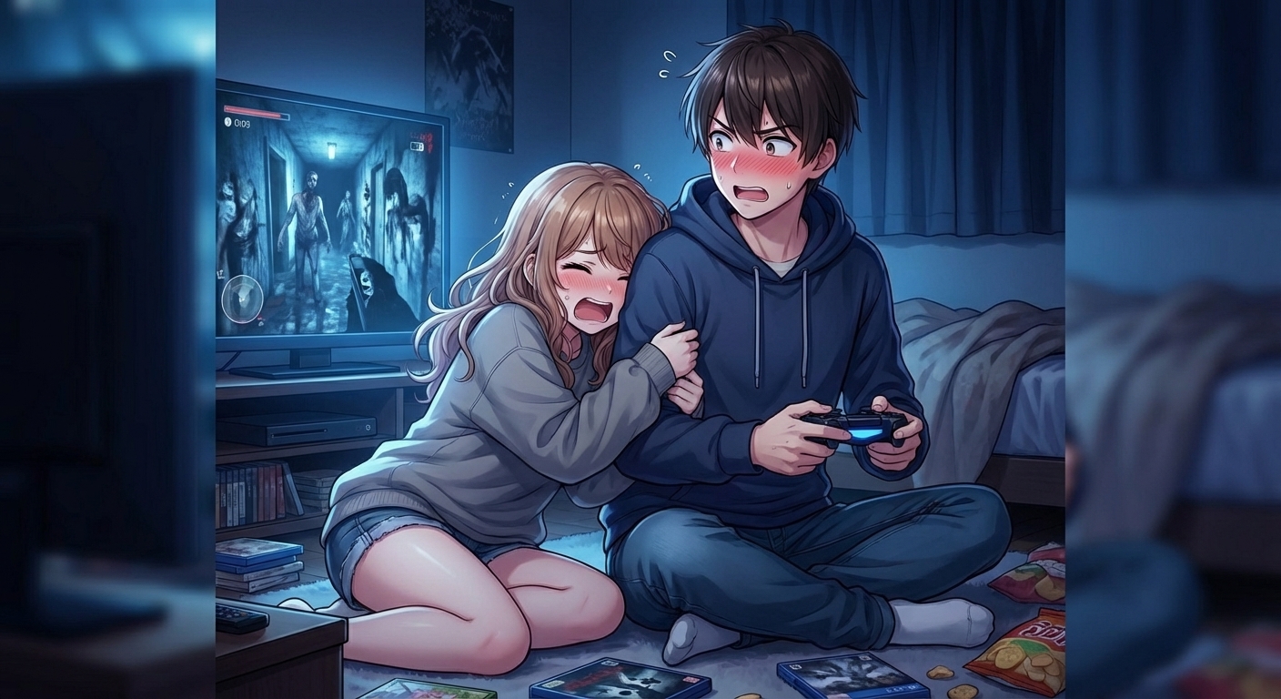暗い部屋でホラーゲーム中、怖がったヒロインが主人公の腕に密着して抱きつくシーン