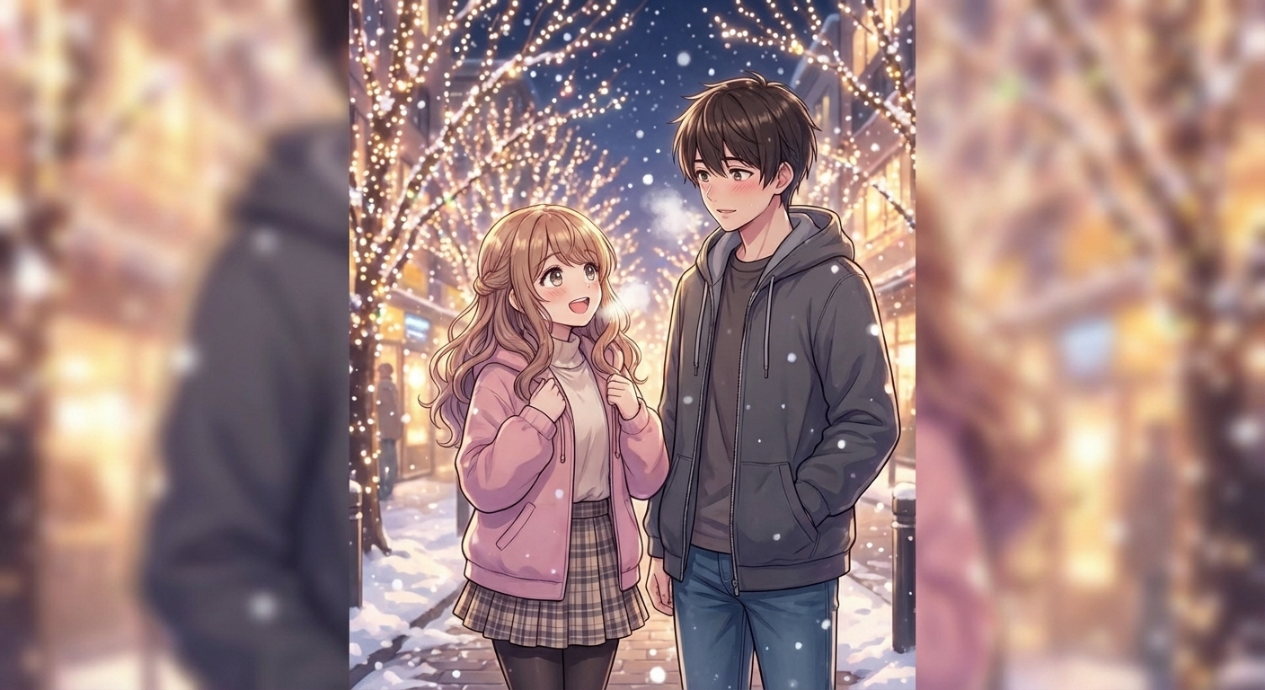 クリスマスイブの夜、イルミネーションを見上げるヒロインの横顔を見て、主人公が恋心を自覚するシーン