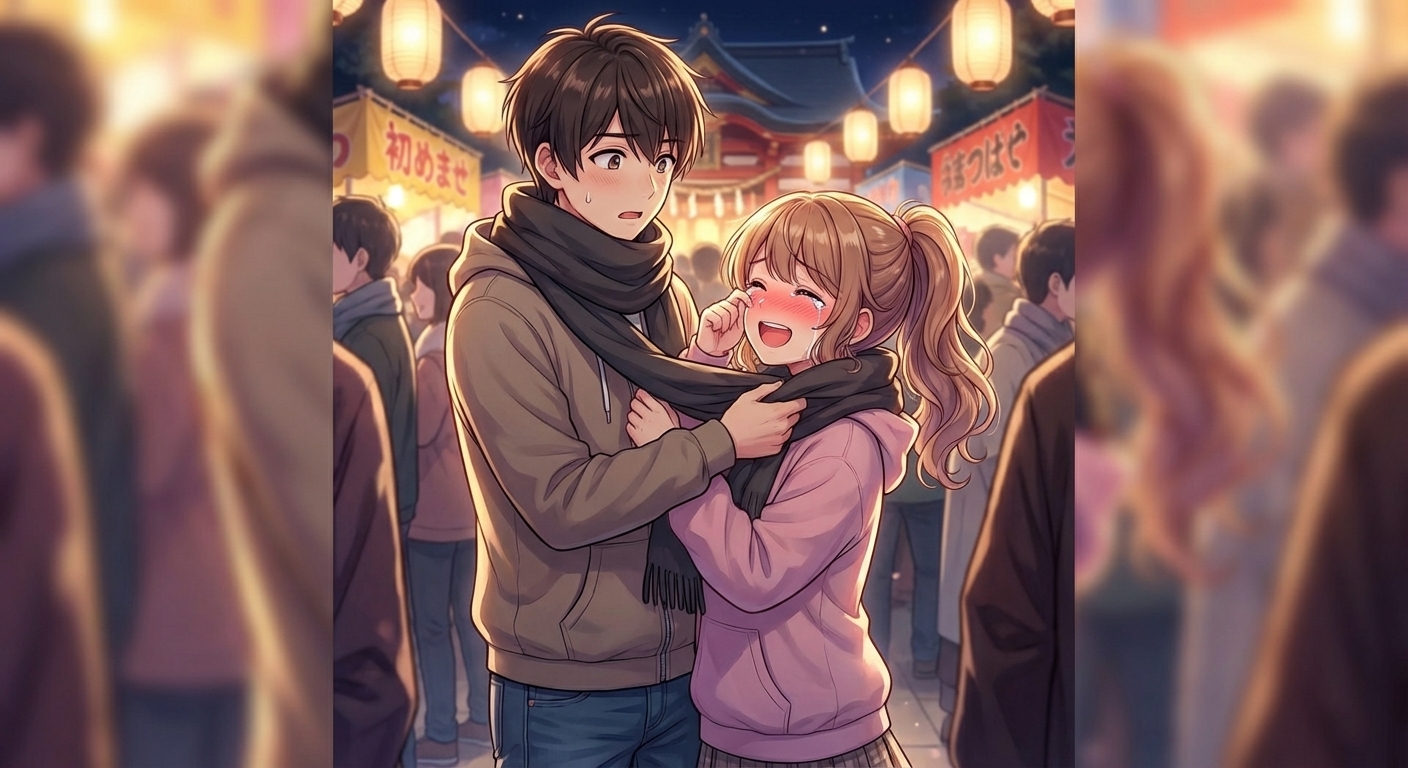 初詣の人混みの中、主人公がヒロインにマフラーを巻き、互いに赤面して涙ぐみながら告白し合うシーン