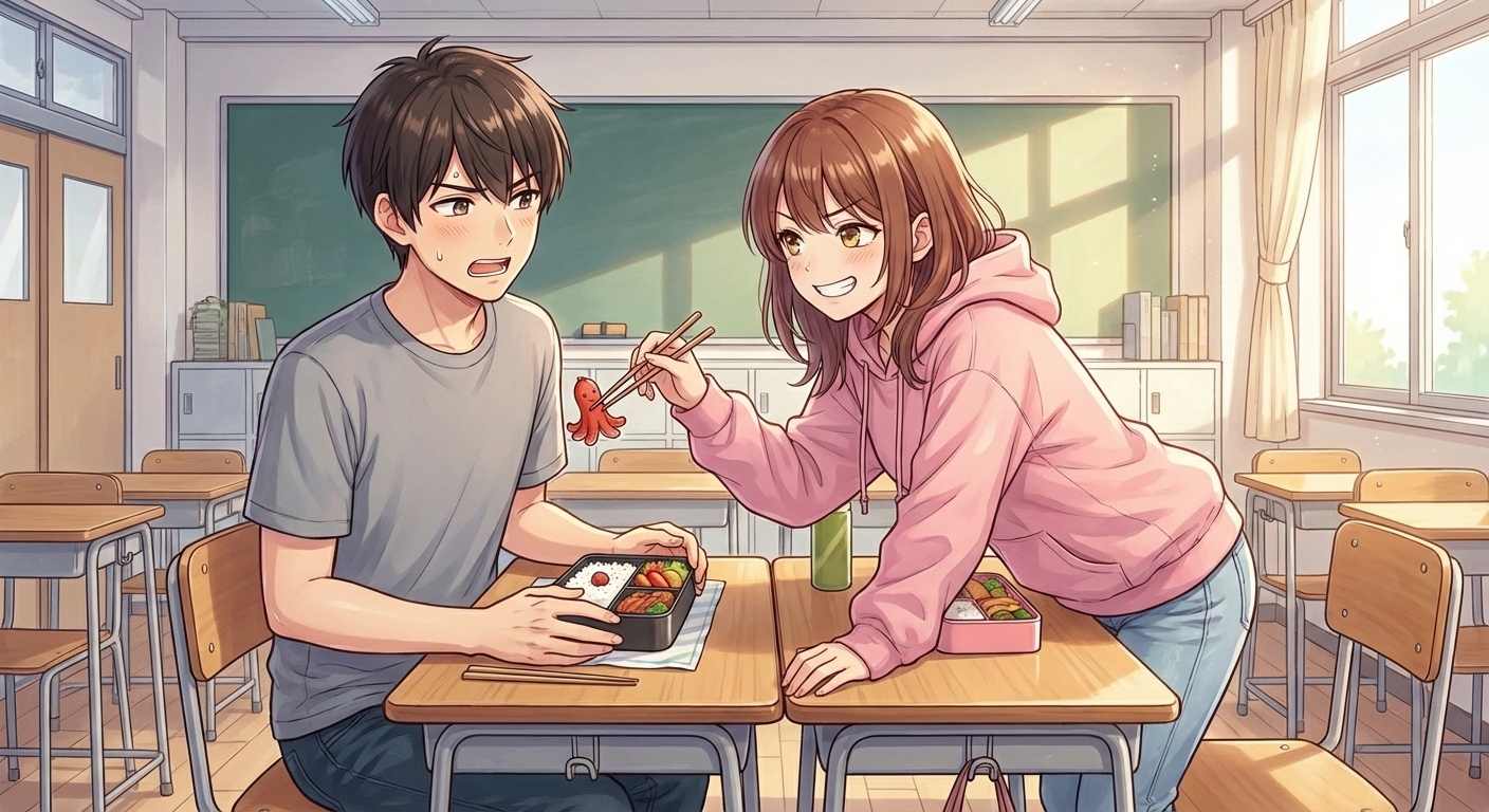 昼休みの教室で、結愛が身を乗り出して悠真のお弁当からタコさんウインナーを奪おうとしているコミカルな日常シーン。