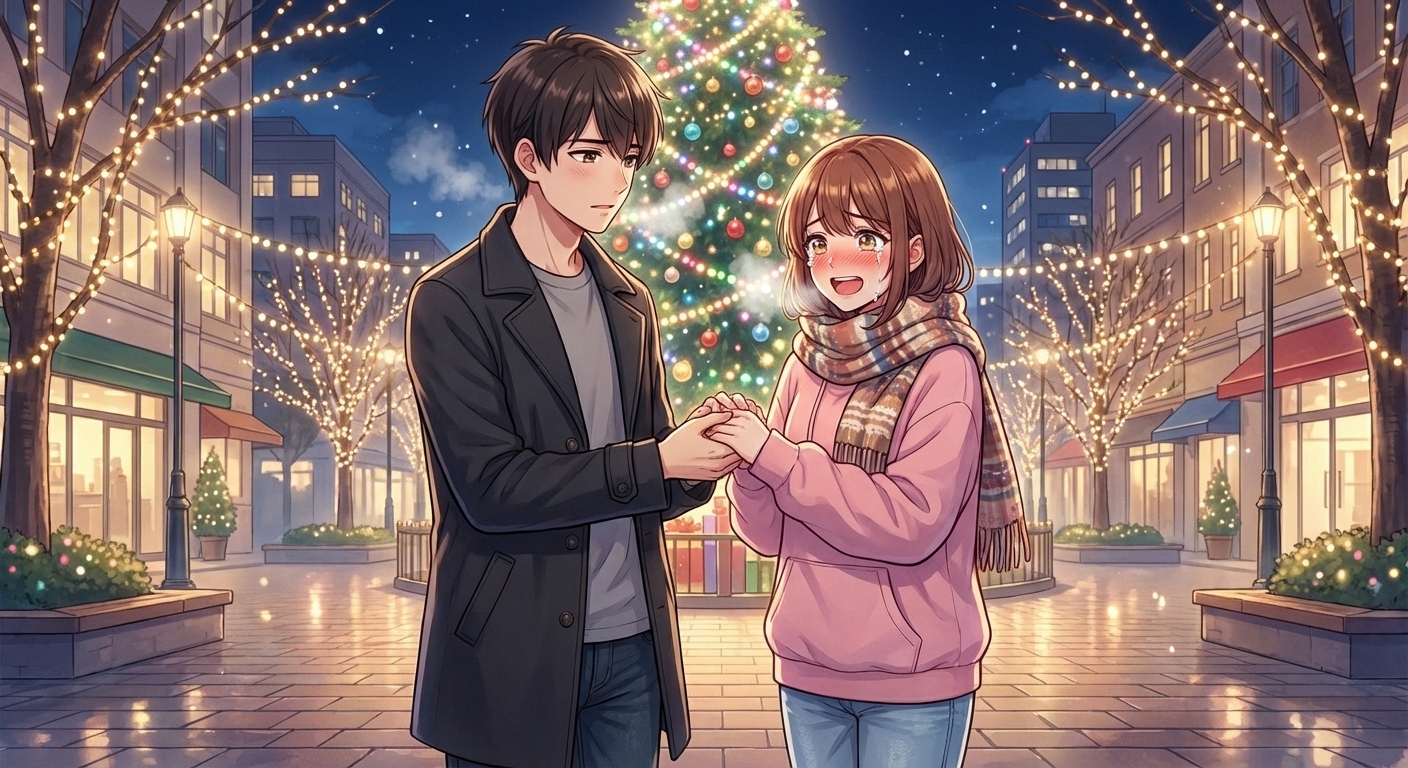 クリスマスイブの美しいイルミネーションの前で、悠真が結愛の手をしっかりと握り、親友の枠を越えて告白する感動的なシーン。