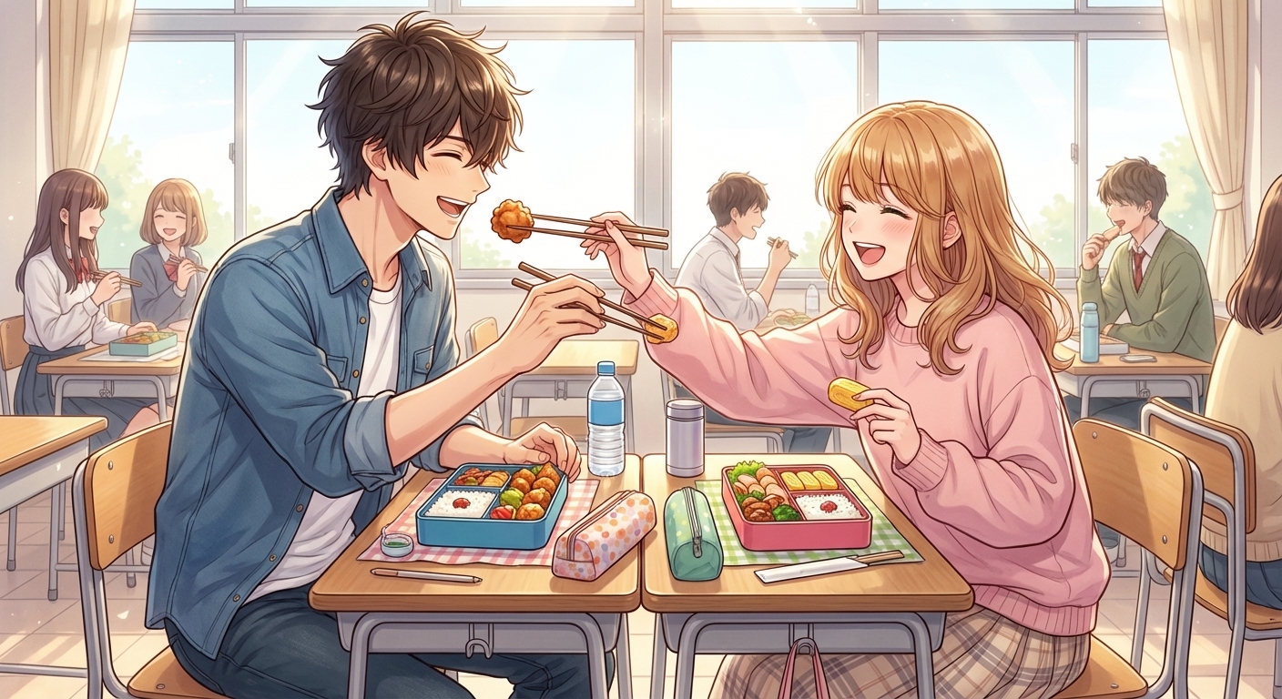 昼休みの教室で、お互いの弁当のおかずをふざけ合いながら奪い合うシーン