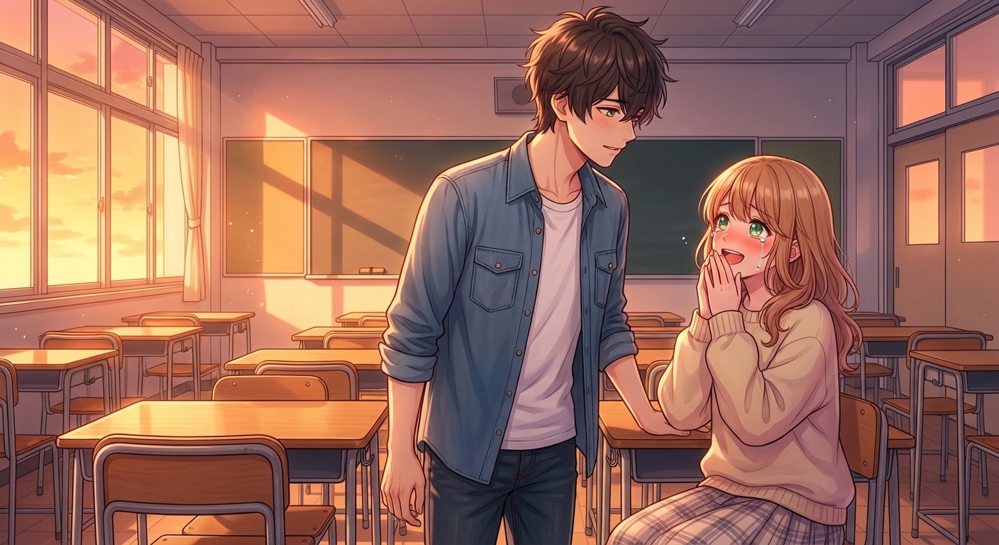 夕暮れの教室で、彼からの突然の告白に驚き、顔を真っ赤にして涙ぐみながら照れるシーン