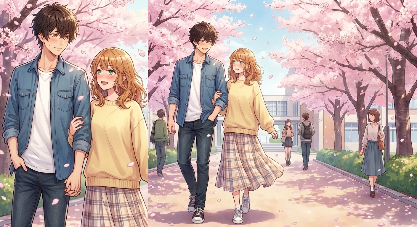 恋人同士になって初めての登校時、照れくさそうに見つめ合いながら手をつなぐシーン