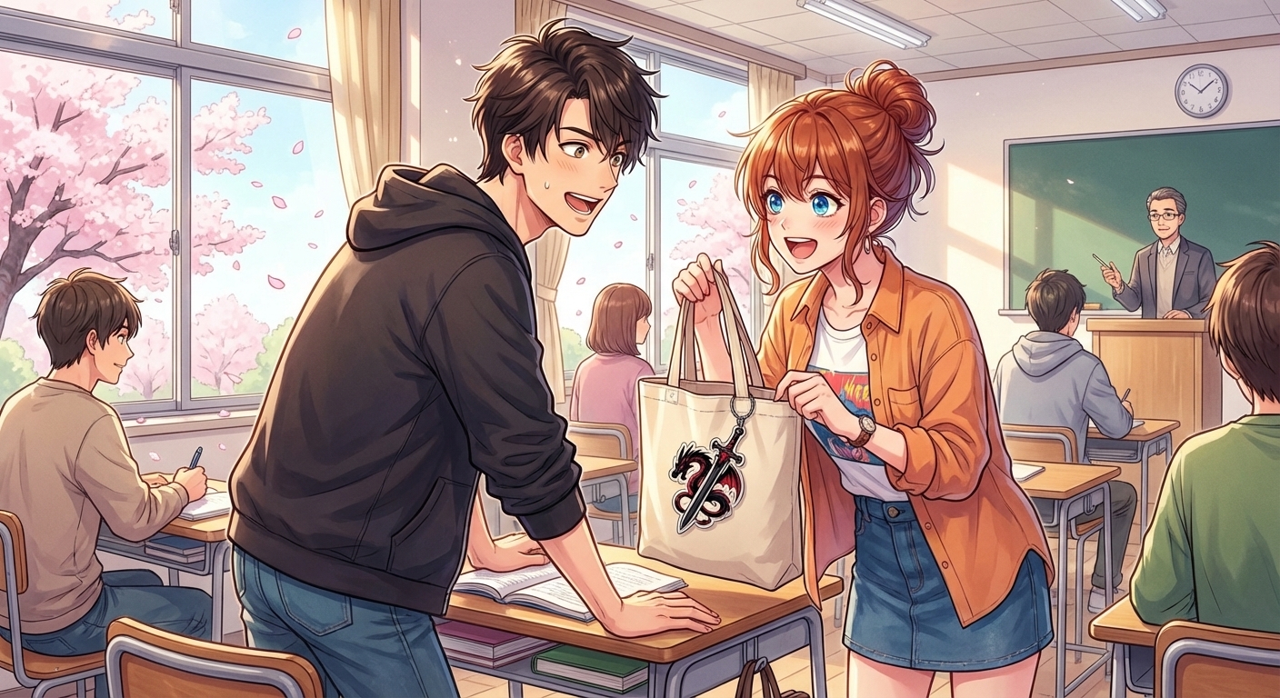 大学の教室でアクリルキーホルダーをきっかけにゲームの話題で意気投合し、周囲を気にせず熱く語り合うシーン