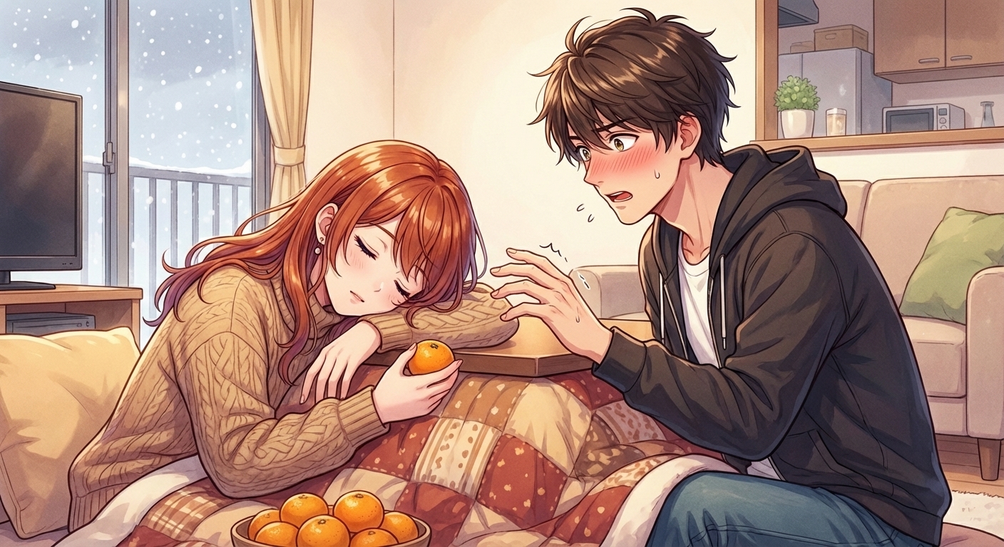 こたつで寝落ちした結衣の寝顔があまりにも可愛く、悠真が思わずその頬に手を伸ばしかけてドキドキするシーン