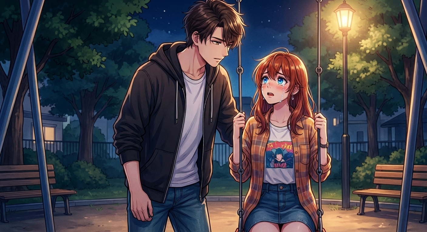 夜の公園のブランコで、悠真が立ち上がって涙ぐむ結衣に向かい、真っ直ぐに愛の告白をするクライマックスシーン