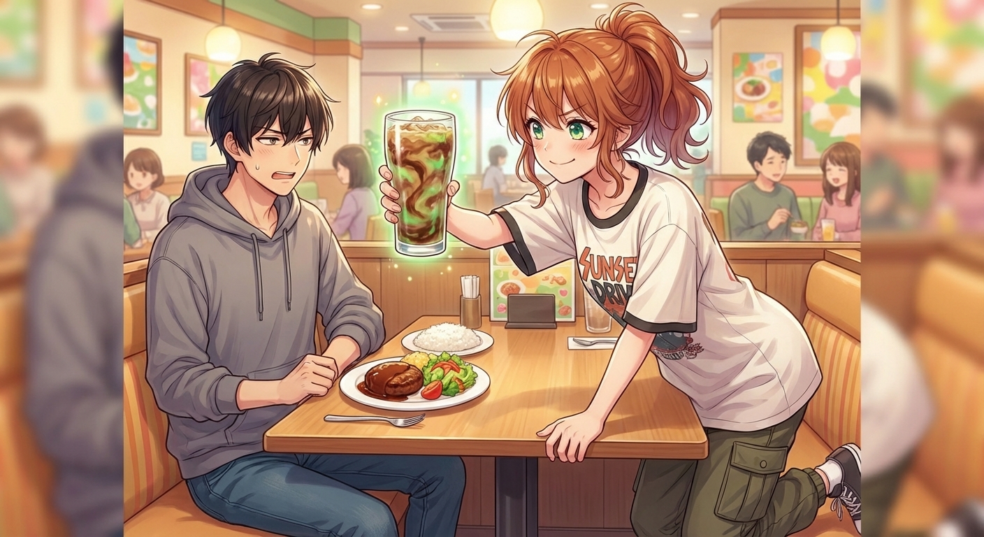 ファミレスで結愛が毒沼のような禍々しい色のミックスドリンクを作ってドヤ顔を披露し、悠真が呆れながらツッコミを入れるシーン