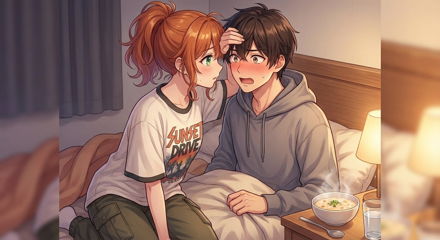 風邪で寝込む悠真のベッドのそばで、結愛が至近距離でおでこをくっつけて熱を測り、悠真が激しく動揺して赤面するシーン