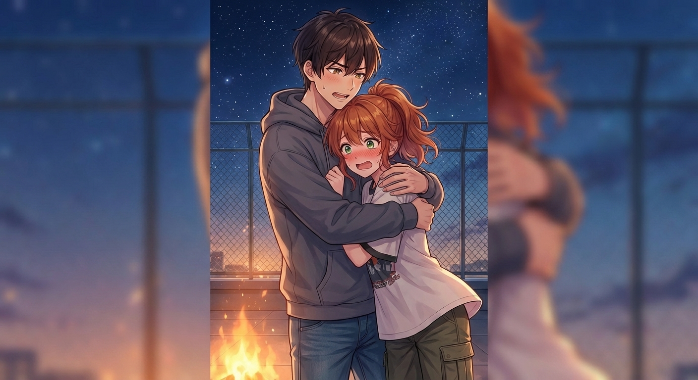 文化祭の後夜祭、夜の屋上で悠真が結愛に告白し、照れて顔を真っ赤にする彼女を強く抱きしめるエモーショナルなシーン