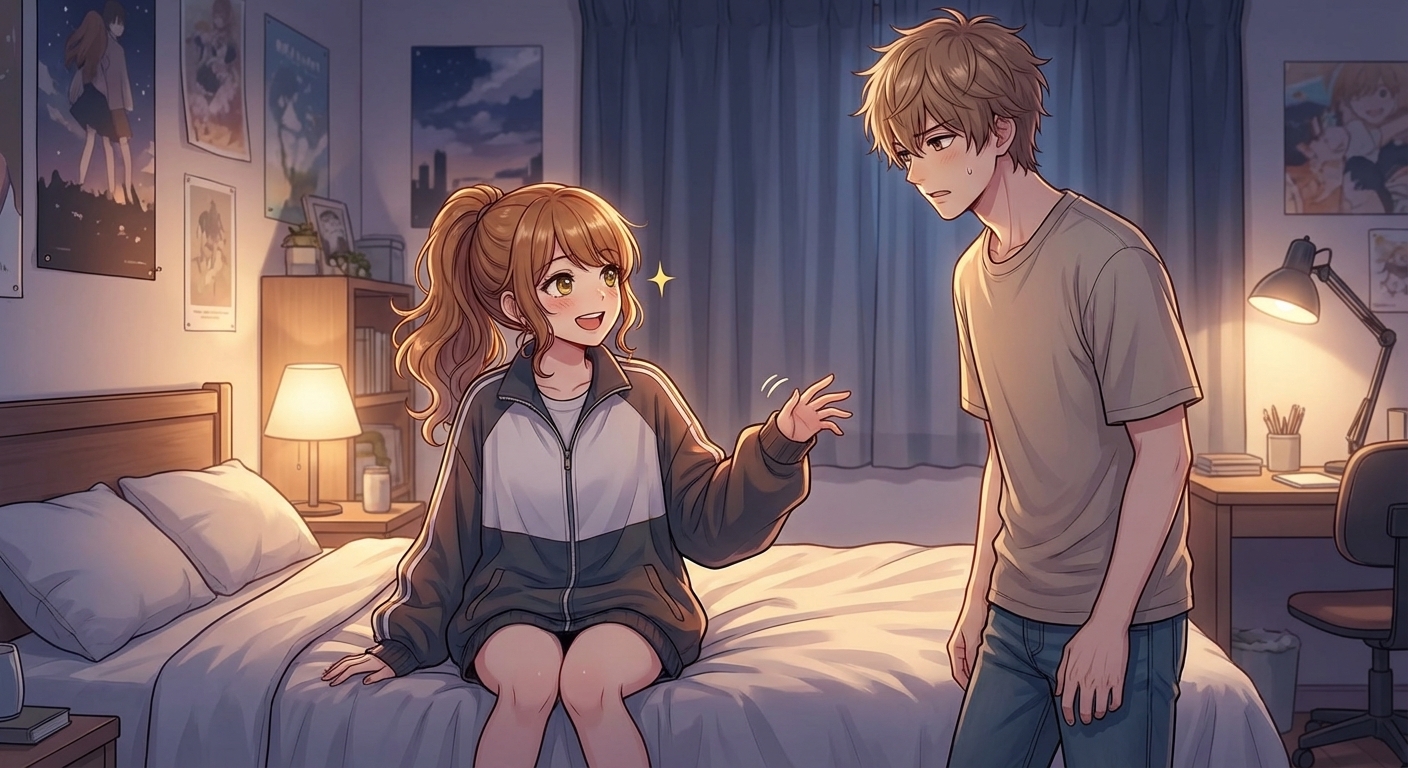 お泊まりの夜、結衣が拓海のブカブカのジャージを着てベッドにダイブし、無邪気に隣を叩いて一緒に寝ようと誘う視覚的に魅力的なシーン